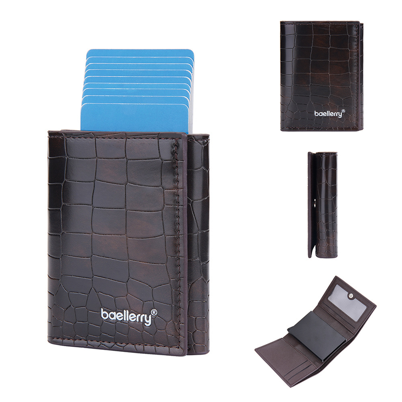 Baellerry new men's card holder RFID metal aluminum box elastic card box crocodile pattern tri-fold wallet_voghion.com