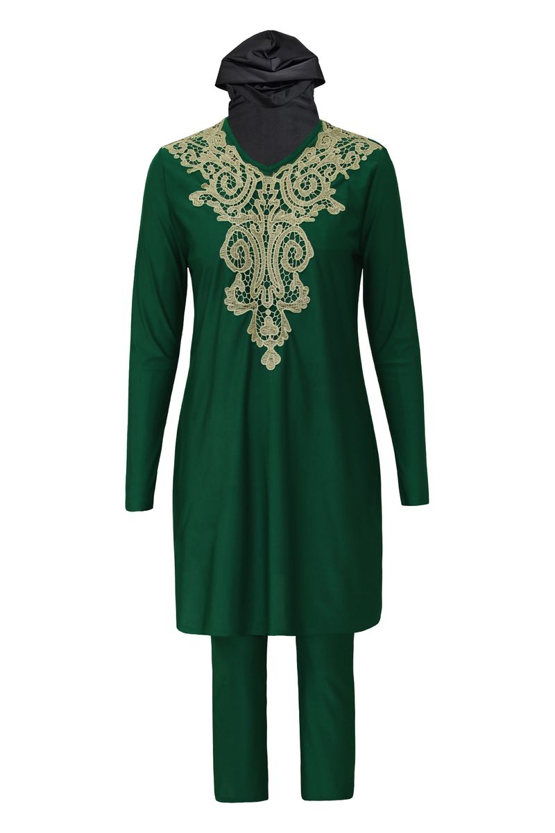 Muslim Swimwear Sunscreen Surfing And Diving Three-piece Swimsuit, Conservative And Full Encirclement High Elastic Embroidered Swimsuit_voghion.com