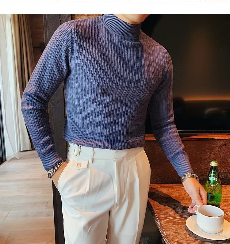 Meeste riided Uus sügisene kootud lühikeste varrukatega poolkõrge kraega T-särk meeste kitsas sisemine topp meeste kampsun alläärega särk_voghion.com