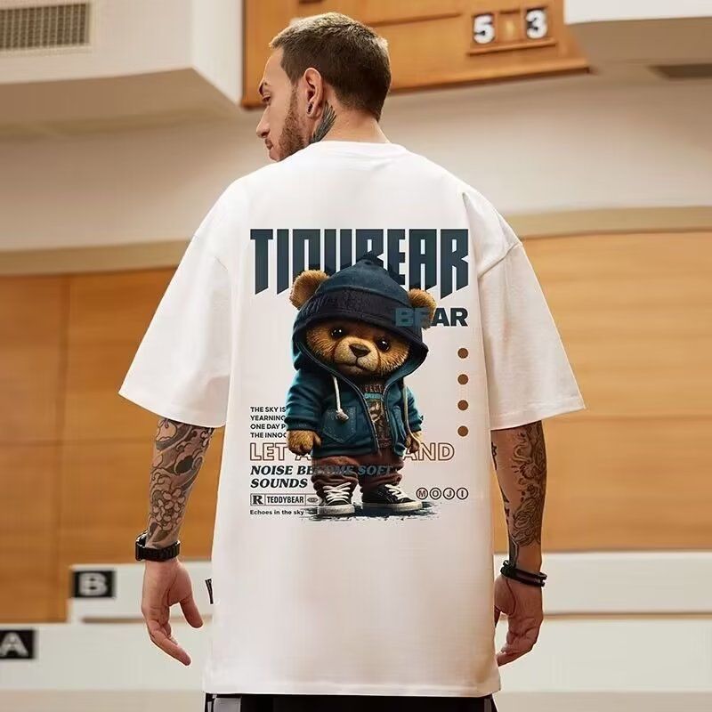 Häre Kleeder Plus Gréisst Trend Mark Fett Männer Kleeder Grouss Gréisst Loose Bear Pure Cotton Short Sleeved T Shirt Half Sleeved Summer Trend_voghion.com