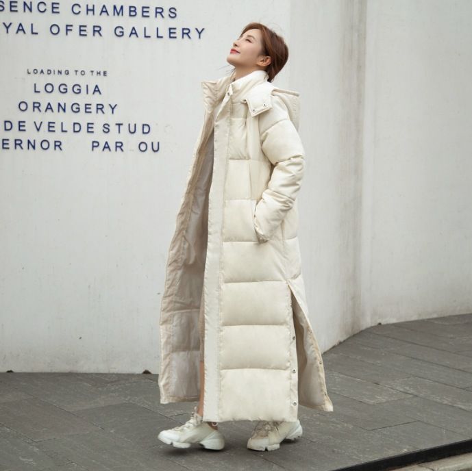 Slim-Fit Longline Puffer Coat – Korean Winter Parka With Hood (White/Khaki/Green/Black, M-XXXL)_voghion.com
