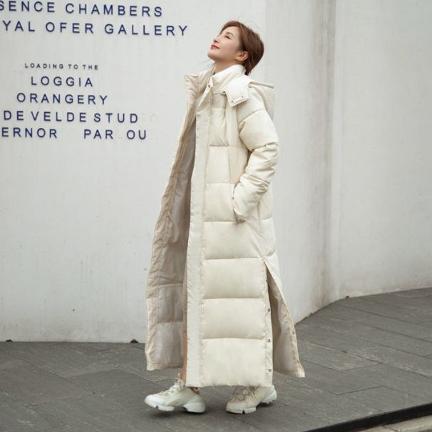 Slim-Fit Longline Puffer Coat – Korean Winter Parka With Hood (White/Khaki/Green/Black, M-XXXL)_voghion.com