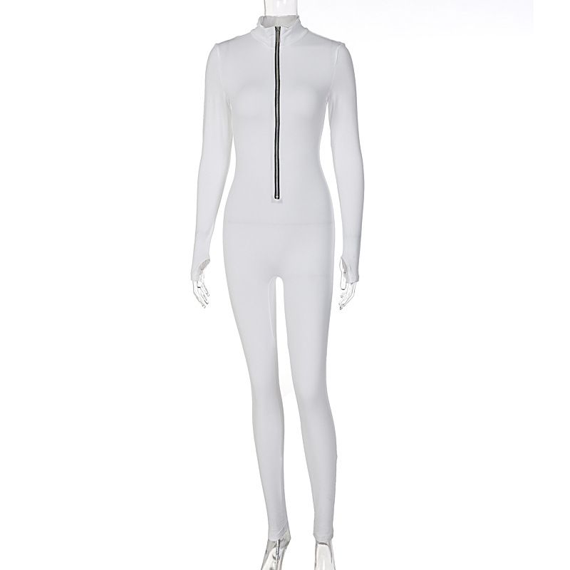 Women's Clothing solid color long sleeved zipper waist slimming sports yoga jumpsuit _voghion.com