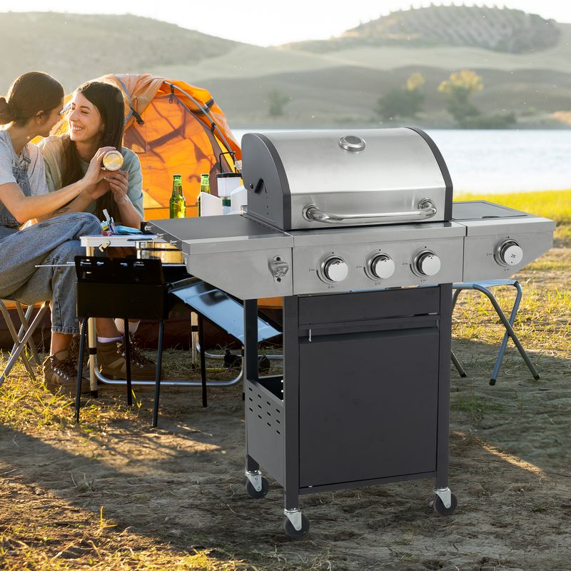 Propane Grill 3 Burner Barbecue Grill Stainless Steel Gas Grill With Side Burner, 37,000 BTU Outdoor Cooking, Patio, Garden Barbecue Grill, Black And Silver_voghion.com