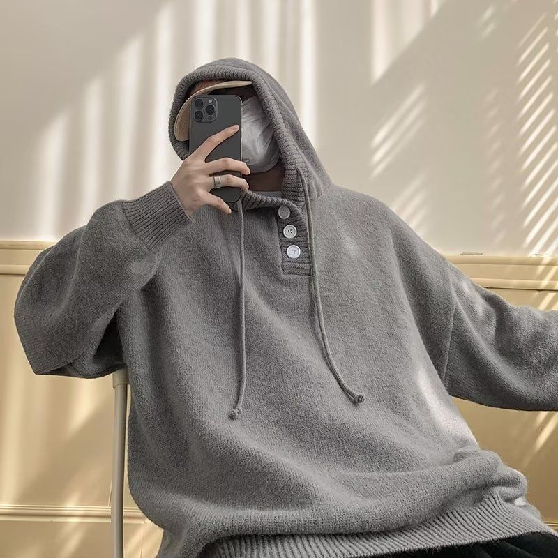 New solid color soft and sticky hooded knitted casual loose autumn and winter top men's sweater hooded versatile autumn and winter lazy_voghion.com