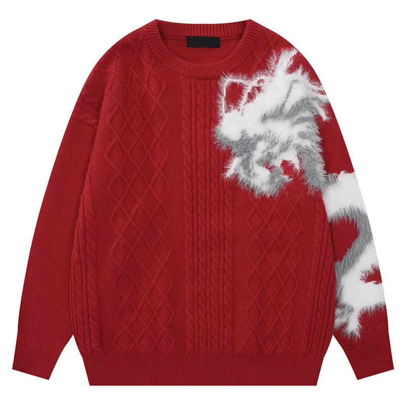 Suéter masculino de malha de lã vermelha com gola redonda, suéter de inverno com gola redonda e design flocado, estilo streetwear solto para casais e adolescentes_voghion.com