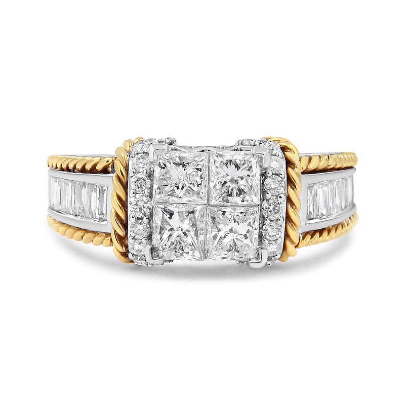 14K White and Yellow Gold 1 1/2 Cttw Invisible Set Princess-Cut Diamond Quad Style Engagement Ring (H-I Color, SI2-I1 Clarity) - Ring Size 7_voghion.com