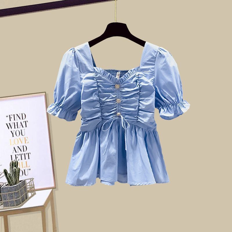 French Style Women's Two-Piece Set - One-Shoulder Chiffon Shirt & Retro Denim Skirt | Elegant & Trendy Outfit_voghion.com