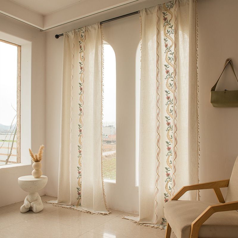 Bohemian Cotton Linen Curtains With Tassels & Floral Embroidery - Semi-Sheer Window Dressing For Bedroom, Kitchen, Balcony (Multiple Sizes & Colors)_voghion.com