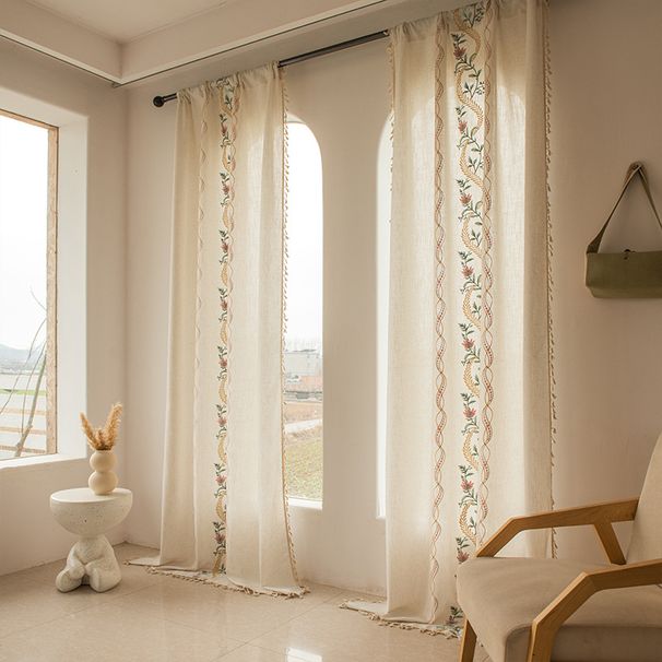 Bohemian Cotton Linen Curtains With Tassels & Floral Embroidery - Semi-Sheer Window Dressing For Bedroom, Kitchen, Balcony (Multiple Sizes & Colors)_voghion.com