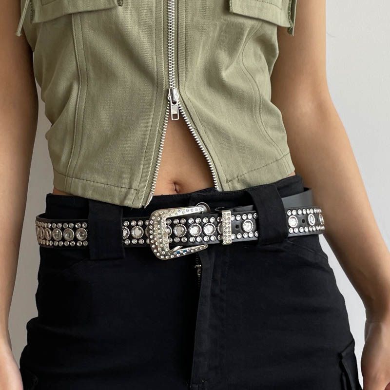 Seksi pikantno dekle Y2k z intarzijo iz PU punk feng shui diamantov, vsestranski trendovski ženski pas, izdolben pas_voghion.com