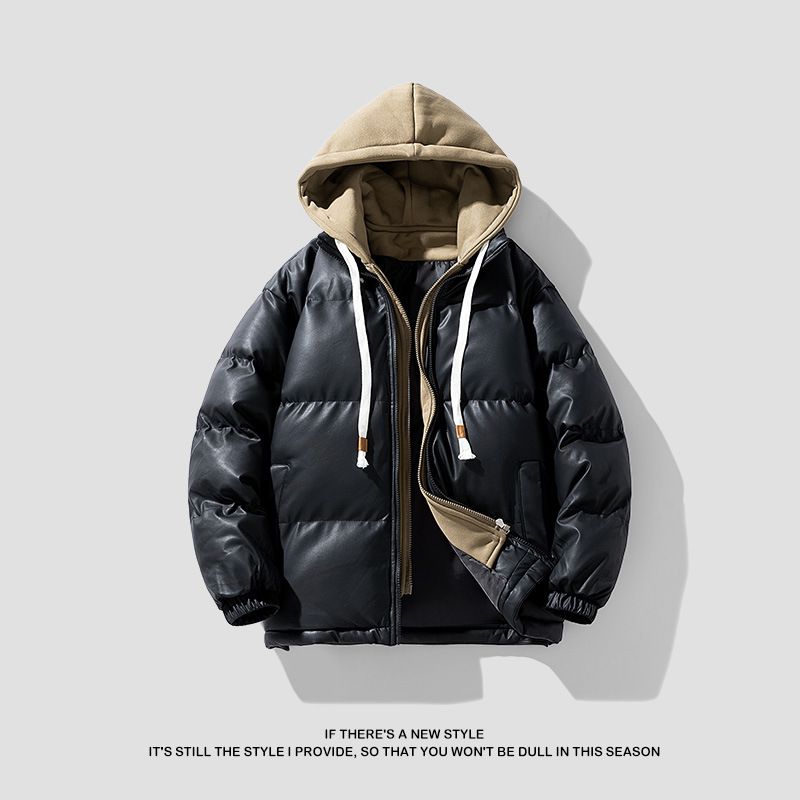 Giacca invernale in pile con cappuccio da uomo - Cappotto ampio e spesso con cerniera e tasche, design bicolore alla moda per adolescenti e giovani (nero/bianco)_voghion.com