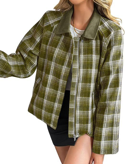 Korte geruite damesjas – lichtgewicht casual jas met rits, knoopsluiting en zakken (S-XXL, polyester, streetwear-stijl)_voghion.com