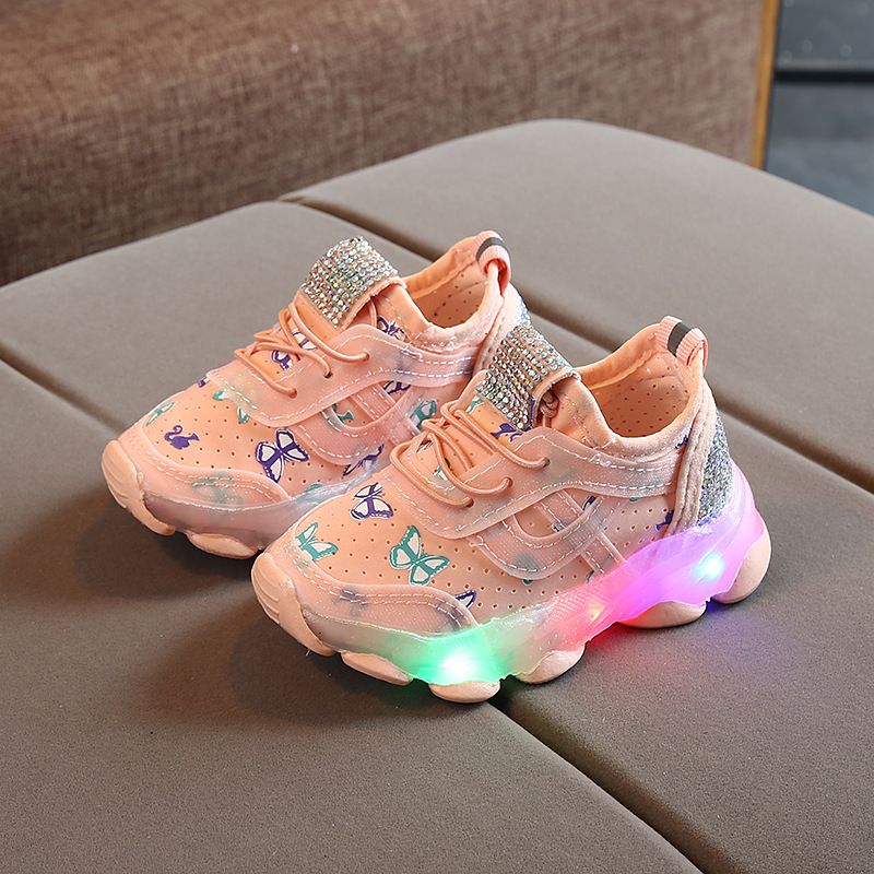Children's luminous shoes Elastic cloth Plastic sequins LED lighting Children's casual sports shoes_voghion.com