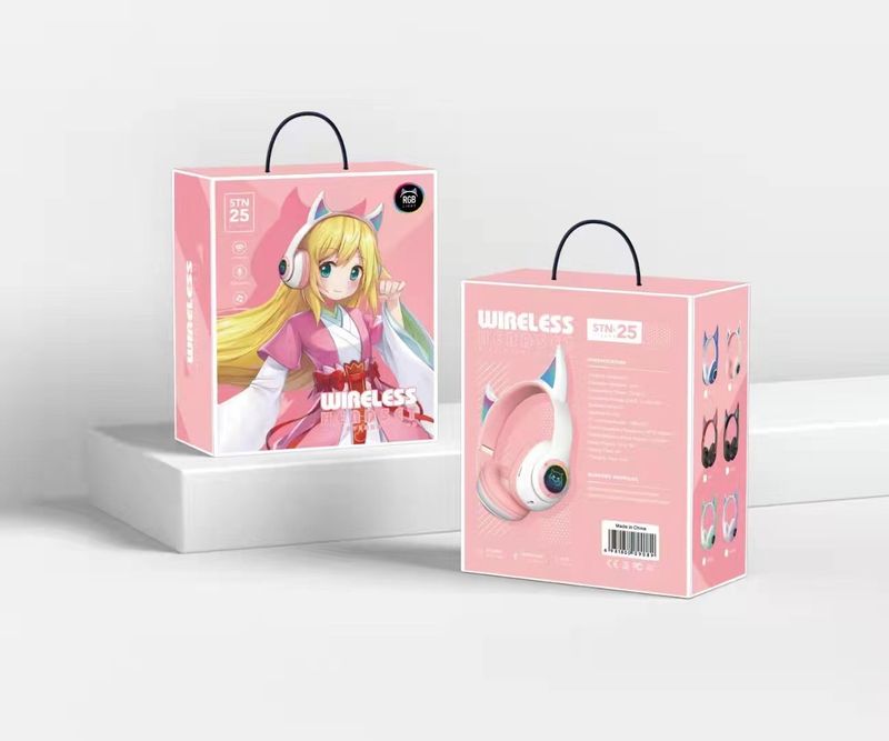 Auriculares Bluetooth S25, Chica guapa, Demonio, Juego deportivo inalámbrico, Tarjeta plegable iluminada_voghion.com