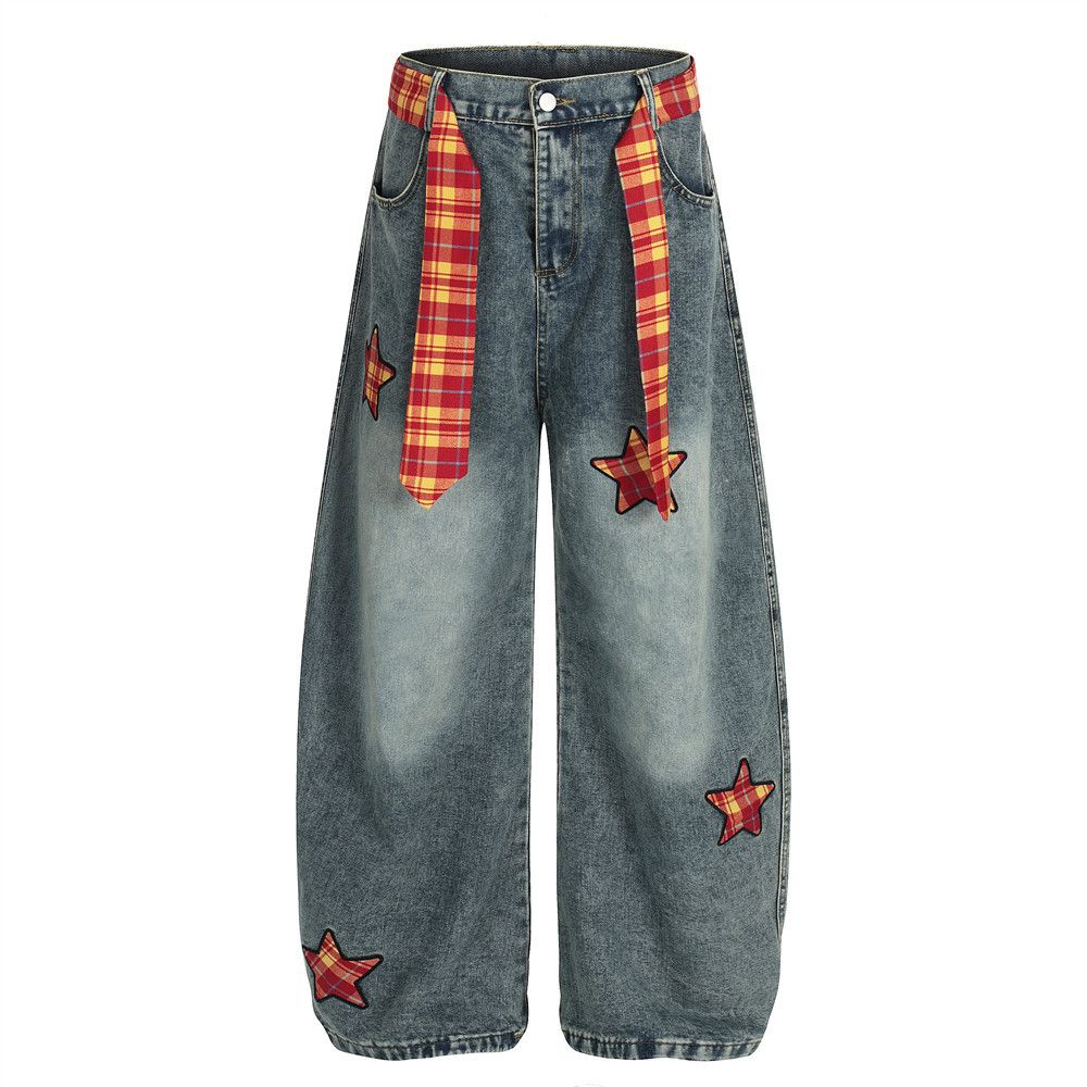 Five-Pointed Star Design Wide-Leg Jeans For Men, Trendy Brand, Unique Punk Style, Plaid Belt, Washed Scimitar Long Pants_voghion.com