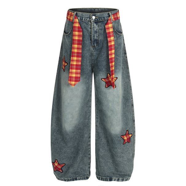 Five-Pointed Star Design Wide-Leg Jeans For Men, Trendy Brand, Unique Punk Style, Plaid Belt, Washed Scimitar Long Pants_voghion.com