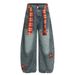 Five-Pointed Star Design Wide-Leg Jeans For Men, Trendy Brand, Unique Punk Style, Plaid Belt, Washed Scimitar Long Pants_voghion.com