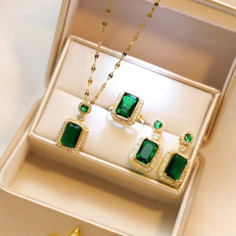 Exquisite Mode Smaragd Parfüm Flasche Halskette Ohrringe Ring 3 Stück Set Klassische Bankett Hochzeit Schmuck Set Geburtstag Geschenk_voghion.com