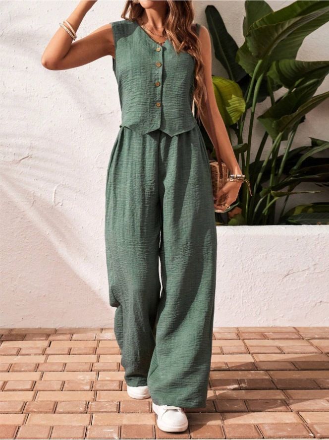 Dammekleeder Léngen Summer Casual Pendelen Front Knäppercher Weste an Hosen Set V-Ausschnëtt Weste_voghion.com