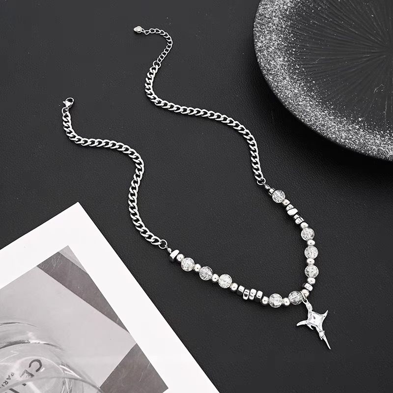Colar masculino com contas de gelo rachadas e estrela, com capuz irregular de metal e pedra, acessórios de corrente de clavícula com emenda de personalidade_voghion.com