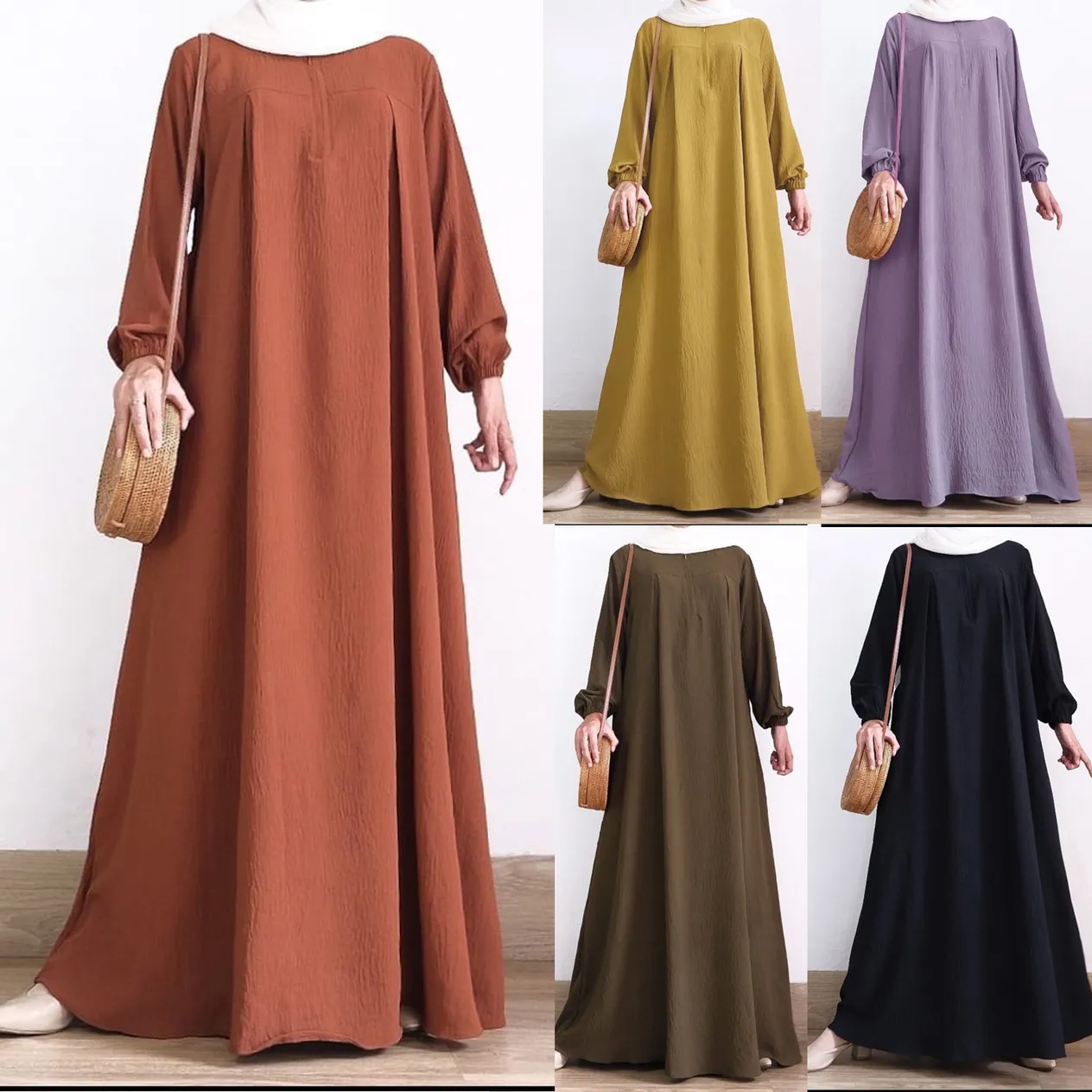 Women's Clothing Women's Dress Solid Color Zipper Pullover Long Sleeved Long Skirt_voghion.com