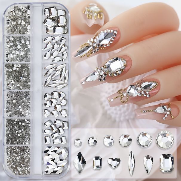 Nagelkunst, Nagelkunst-Diamantschmuck, 12 weiße Gitter, große und kleine Diamanten mit flachem Boden, Liebes-Wassertropfen-Diamant, Nagel-DIY-Dekorationen_voghion.com