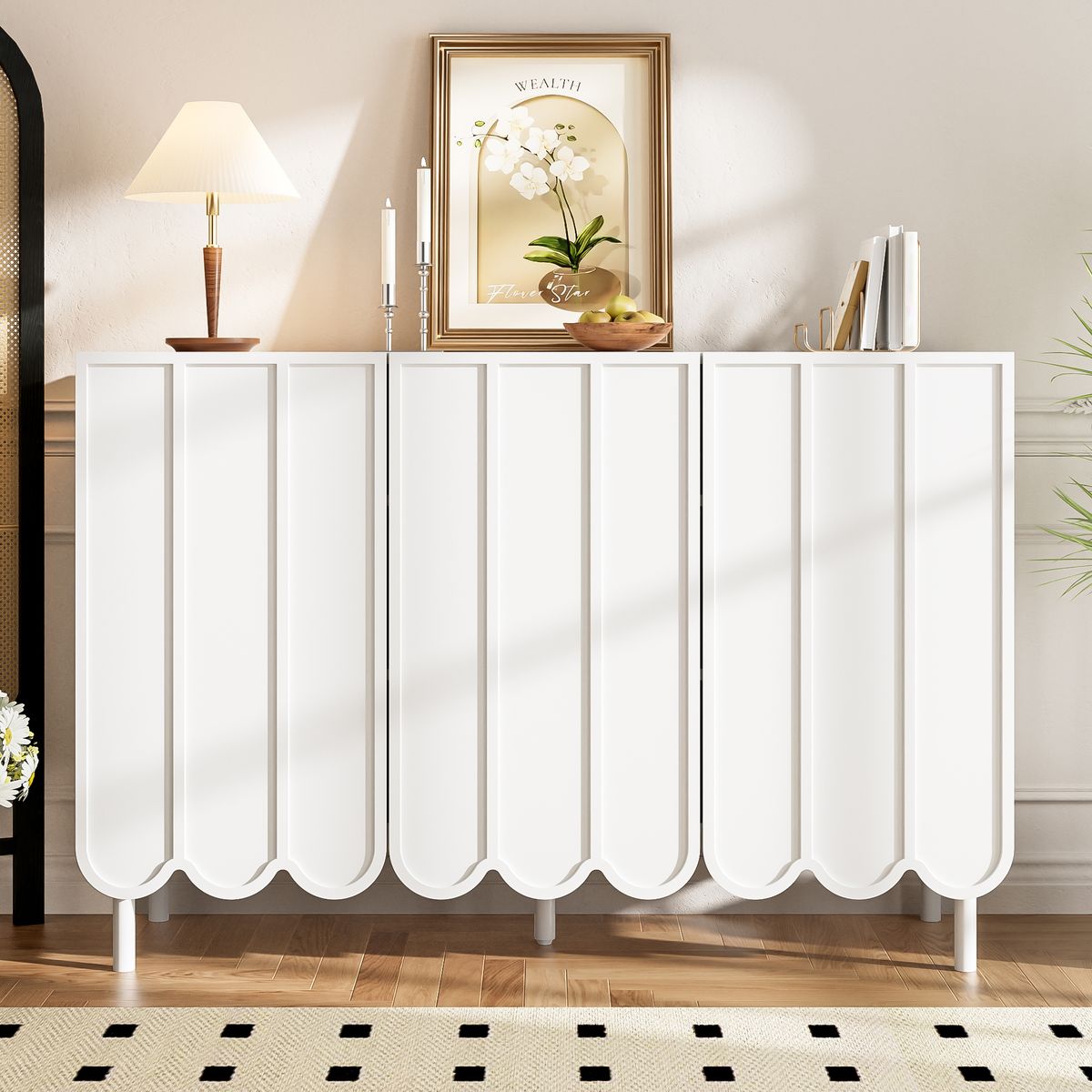 Buffet blanc moderne avec portes ondulées, 120 x 35 x 80 cm, design sans poignées, étagères réglables, meuble de rangement pour salon, couloir et salle à manger._voghion.com