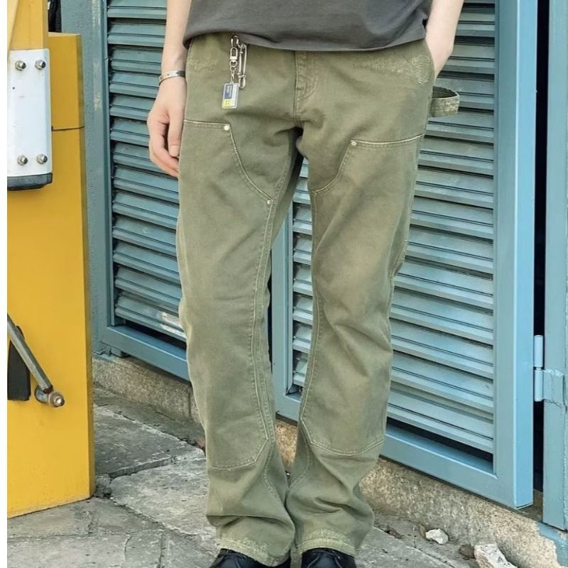 Jean de charpentier vert militaire délavé vintage pour homme - Coupe bootcut décontractée pour un look décontracté_voghion.com