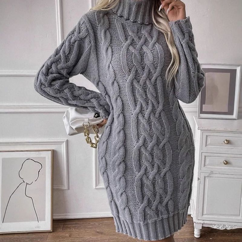 Elegante abito in maglia a trecce con collo alto per donna, abito invernale aderente a maniche lunghe, abito pullover casual e chic_voghion.com