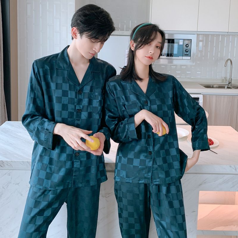 Paar-Pyjamas für Frühling, Sommer und Herbst | Langärmlige Hose aus Eisseide, modisches Freizeitanzug-Set für zu Hause – karierter blauer Stil_voghion.com