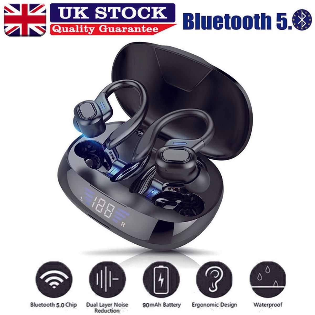 Cuffie auricolari Bluetooth wireless TWS, auricolari sportivi con gancio auricolare e bassi potenti_voghion.com