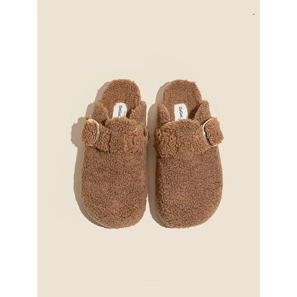 Scarpe in lana d'agnello per donna, abbigliamento per attività all'aperto, pantofole chiuse per donna, nuove scarpe in cotone con fibbia per cintura autunnali e invernali_voghion.com