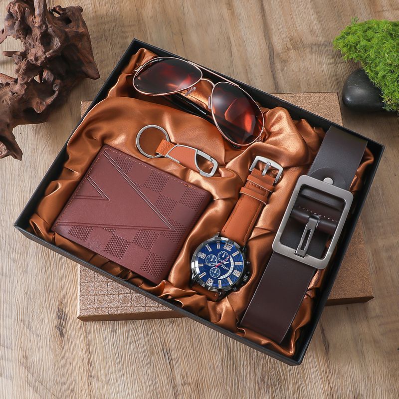 5pcs/set Men's Box Set Elegant Quartz Watch Sunglasses Belt Keychain Wallet Gift_voghion.com