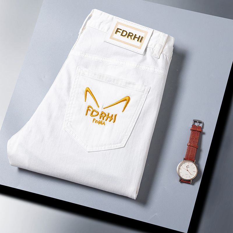 FDRHI Spring/Summer Thin Men's Jeans Youth Leisure Slim Fit White Elastic Pants Embroidered_voghion.com