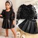 Kinderkleidung Neue Produkte Frühling und Herbst Mädchen Mesh Blume Langarm Top Pu Lederrock Zweiteiliger Anzug_voghion.com