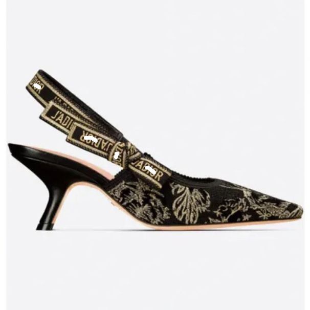 Sandálias femininas bordadas com padrão de letra D, novo estilo, verão 2024, bico fechado, boca rasa, salto de gato, laço, costas nuas_voghion.com