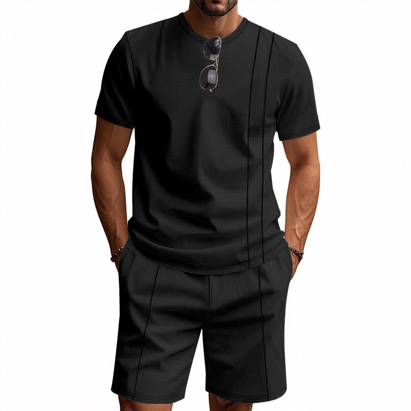 American Style Summer Men's Loose Fit INS Simple Waffle Round Neck Short Sleeve Shorts Two-Piece Set_voghion.com