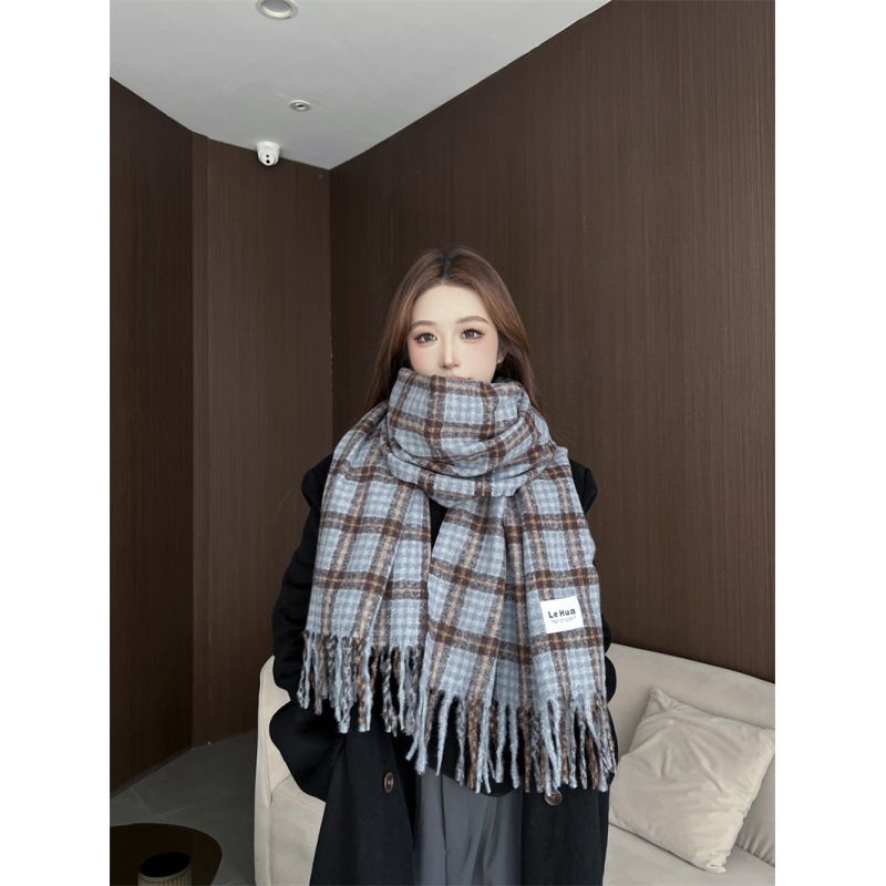 Sciarpa scozzese coreana autunnale invernale per ragazze con un senso di lusso, versatile per studenti, spessa e allungata_voghion.com