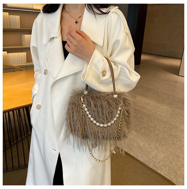 Torebki damskie jesień i zima nowa pluszowa torebka na ramię z indyczego pierza jednolity kolor uniwersalna duża pojemność torebka perłowa łańcuszek kobiety_voghion.com