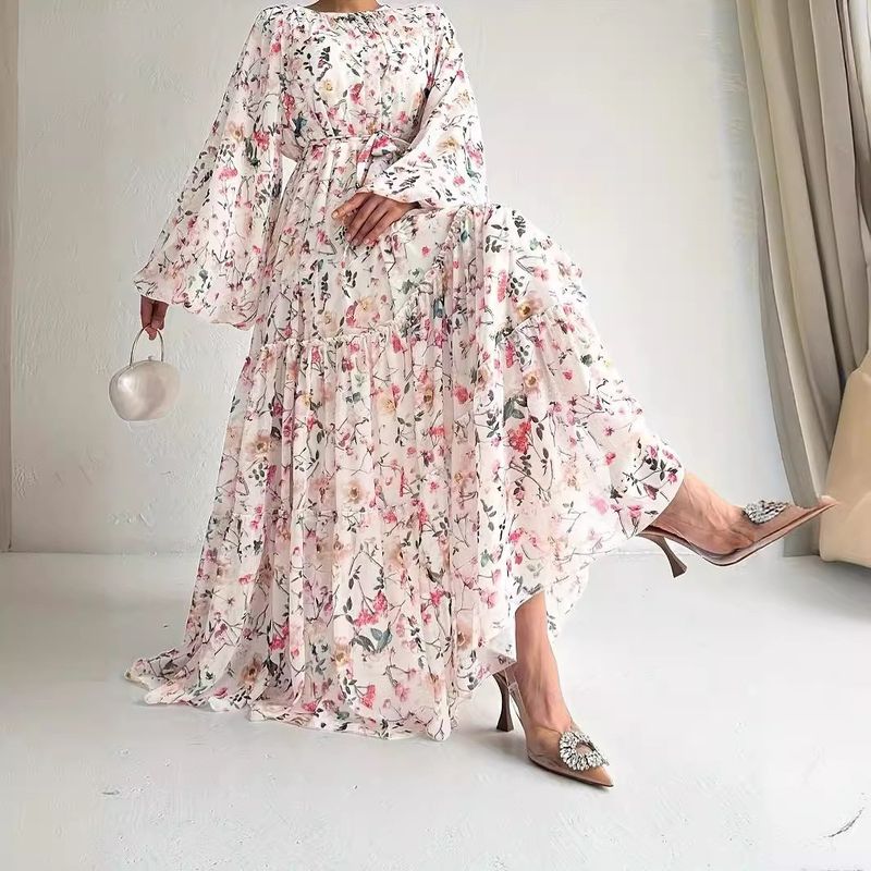 Női ruházat, női sifon virágmintás, öves, hosszú, divatos és elegáns, új stílusú ruha_voghion.com