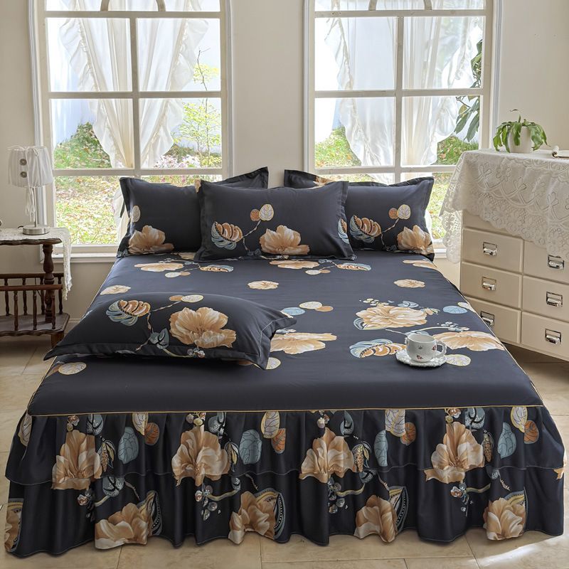 Juego de faldón de cama estampado y agradable para la piel: ropa de cama de 3 piezas suave y cómoda con volantes_voghion.com