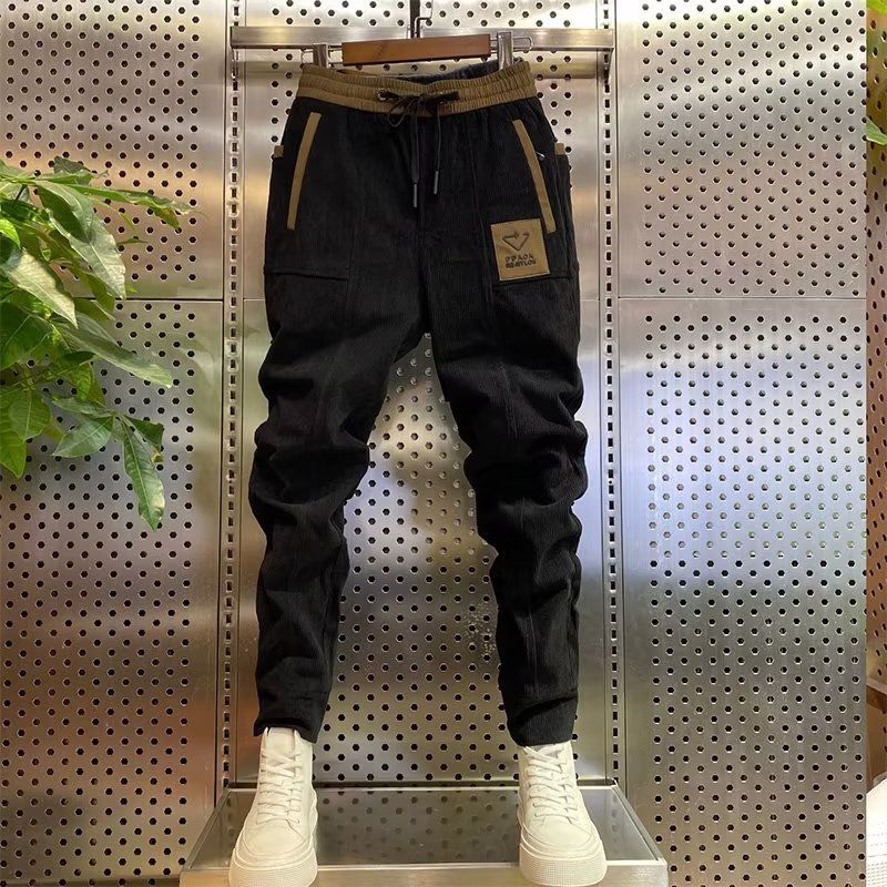 Pantaloni casual in velluto a coste autunnali e invernali da uomo, pantaloni harem elastici aderenti con risvolto, pantaloni in velluto a coste più celebrità_voghion.com