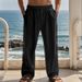 Men's Cotton Linen Autumn Drawstring Elastic Waist Side Buckle Solid Color Breathable Comfortable Casual Pants_voghion.com