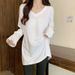 T-shirt mi-long chaud Derong blanc pour femme, col en V, manches longues, doublure polaire, automne et hiver, grande taille_voghion.com