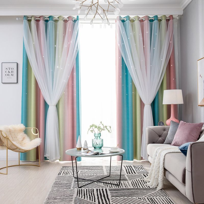 Morandi Gradient Stripes Hollow Stars Double Layer Integrated Blackout Gauze Curtains_voghion.com