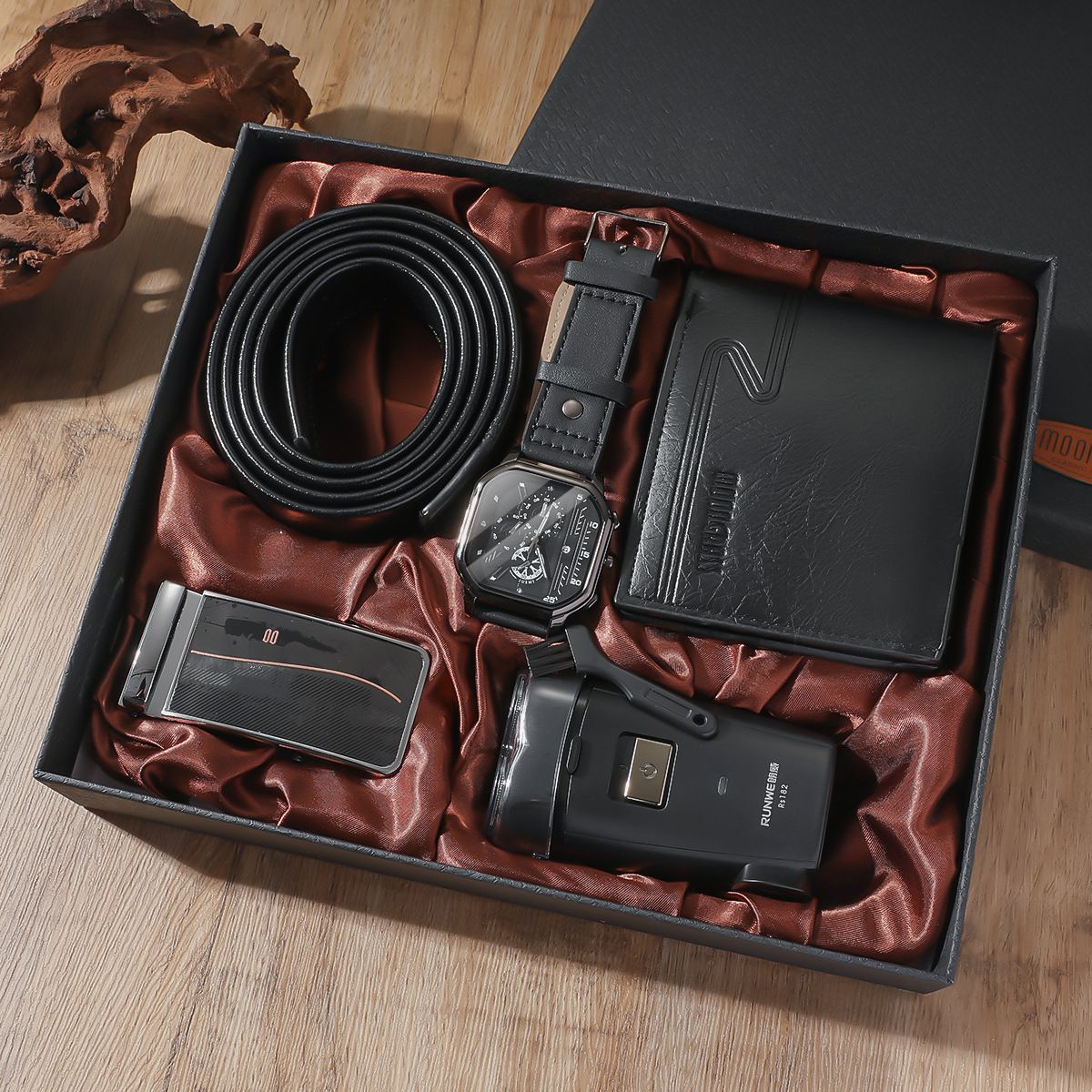 Zestaw prezentowy dla mężczyzn z 2024 roku, z dużym cyferblatem, kwarcowym zegarkiem i portfelem, paskiem do golenia i pięcioczęściową czarną torebką_voghion.com
