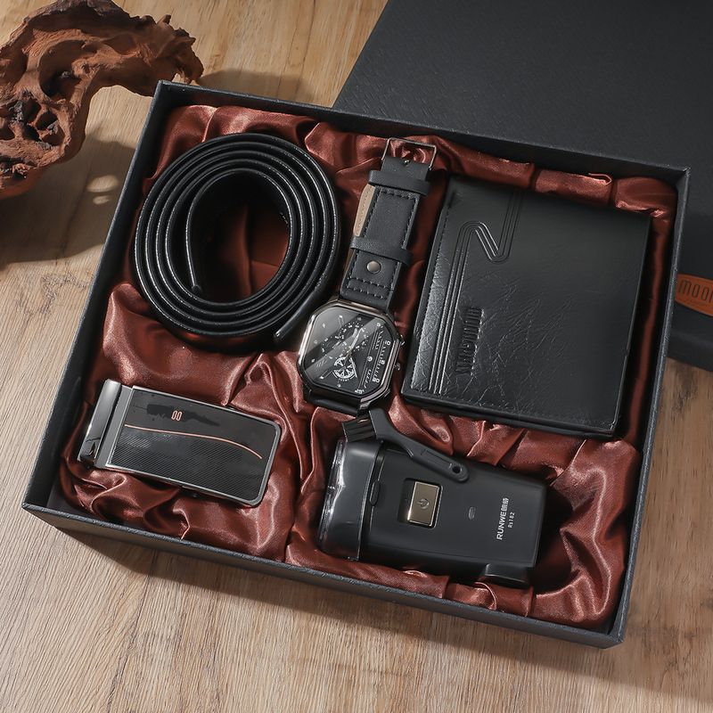 2024 Men's Generous Dial Quartz Watch Wallet Shaver Belt Five-piece Black Gift Set_voghion.com
