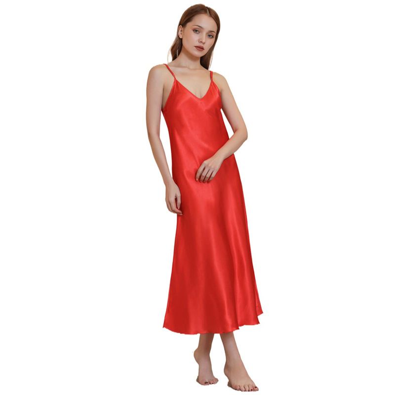 Damenbekleidung in Übergröße, XXL, mittellang und lang, schlank, sexy, großer V-Ausschnitt, Schlinge kann draußen getragen werden, dünner Satin, Schlafanzug_voghion.com