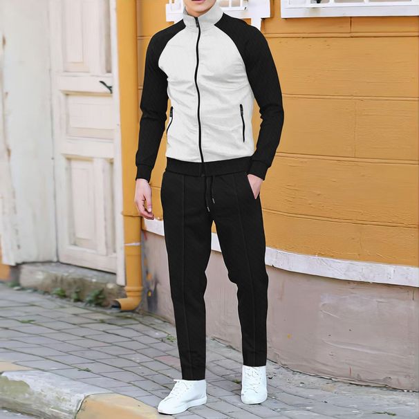 2024 Autumn/Winter New Men's Stand up Collar Waffle Color blocked Coat Pants Two Piece Set_voghion.com